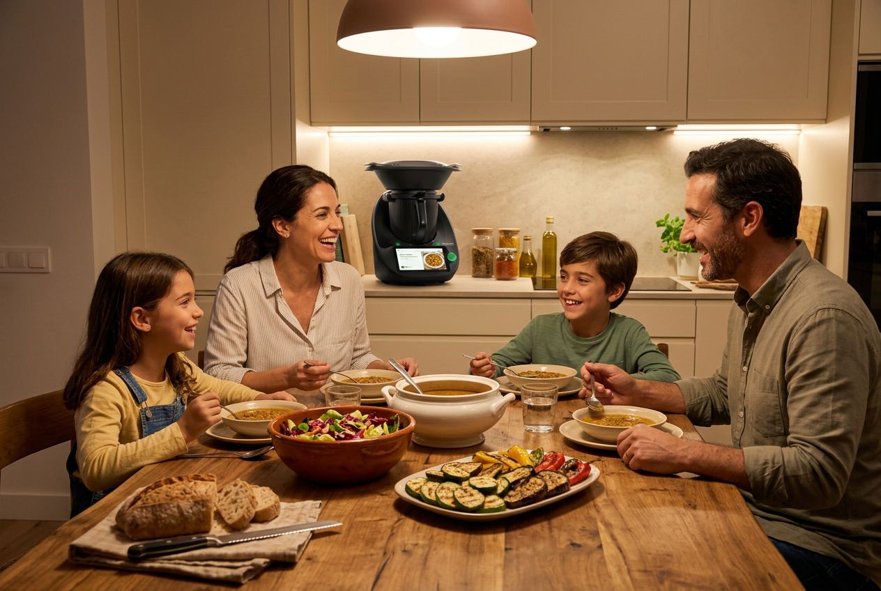 Familia cenando en casa con el Thermomix TM7 en la encimera