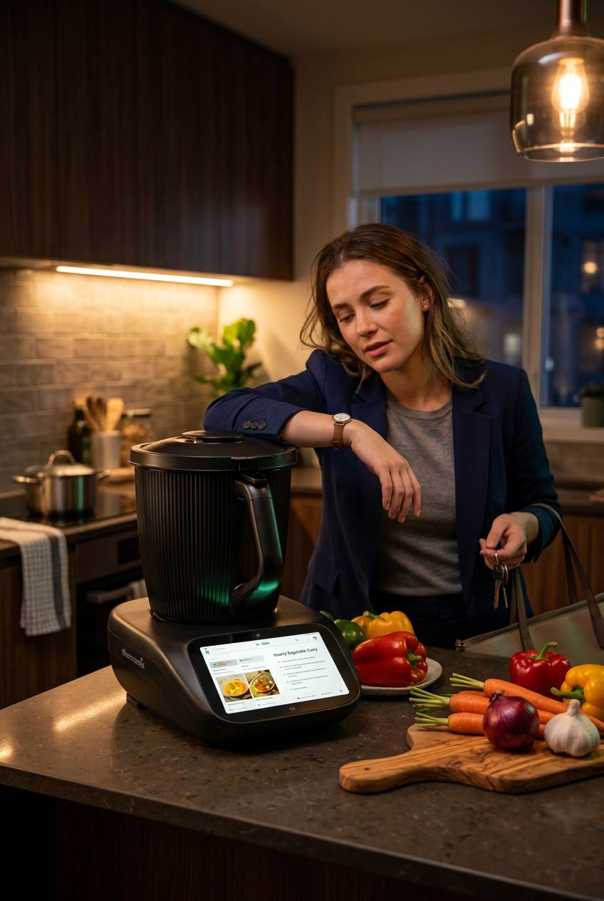 Mujer llegando tarde del trabajo junto al Thermomix TM7 con una receta guiada en pantalla