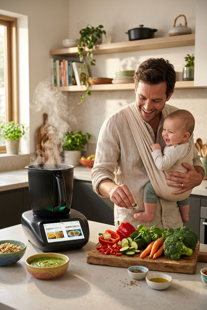 Padre con su bebé en brazos cocinando verduras con el Thermomix TM7