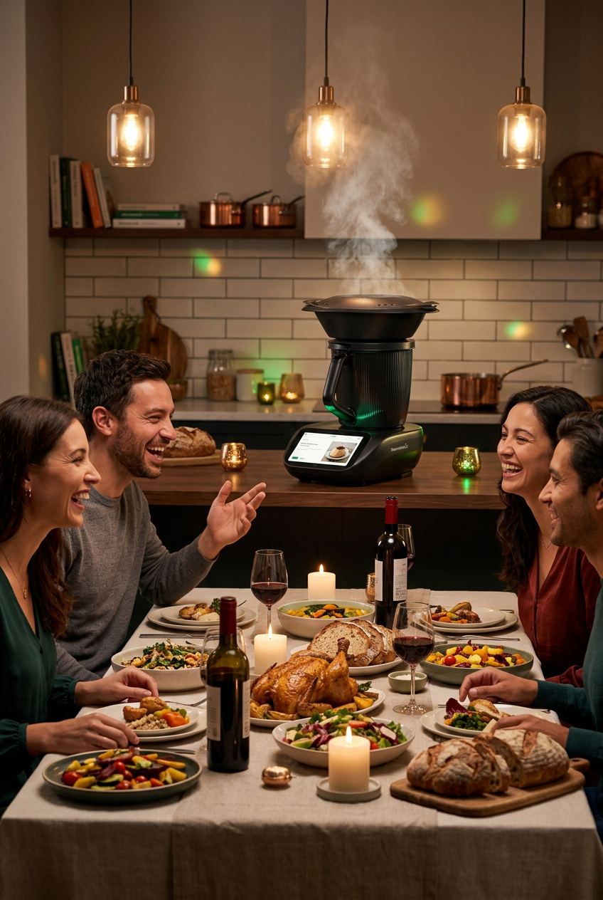 Amigos cenando juntos mientras el Thermomix TM7 termina el postre al vapor